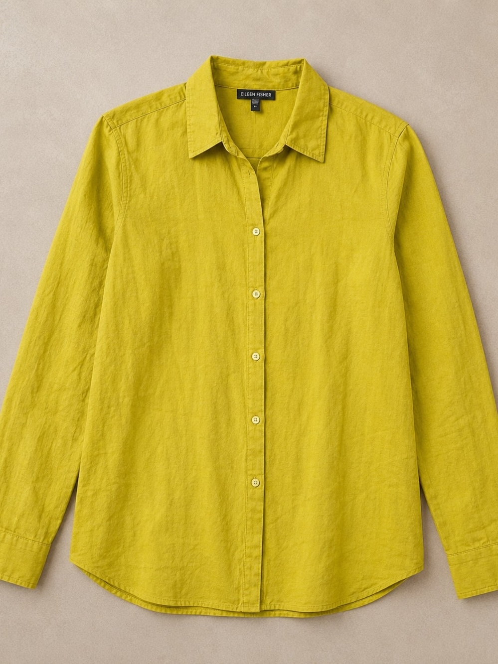 EILEEN FISHER XL Linen Blend Button Front Blouse Chartreuse Italian Fabric